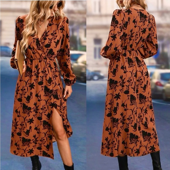 New Midi Floral Thigh Split Brown Orange Rust Color Mix Dress Surplice V Neck - Picture 1 of 16